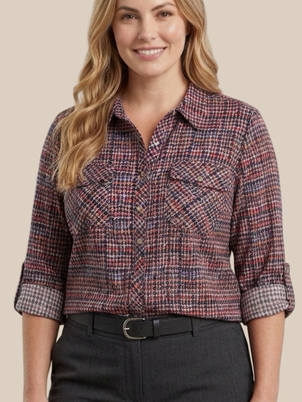 Notations Roll Tab 3/4 Sleeve Button Front Blouse Plaid Abstract Multicolored M